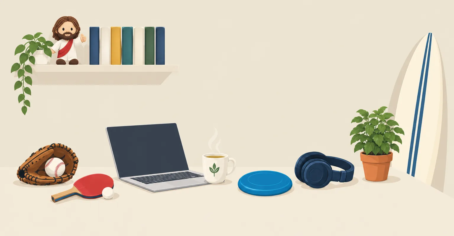 A desk with the things Josh is into: a plush Jesus doll and books on a shelf, a baseball glove, a table-tennis paddle, a laptop, a mug of herbal tea, a frisbee-golf disc, headphones, a potted herb plant and a surfboard.