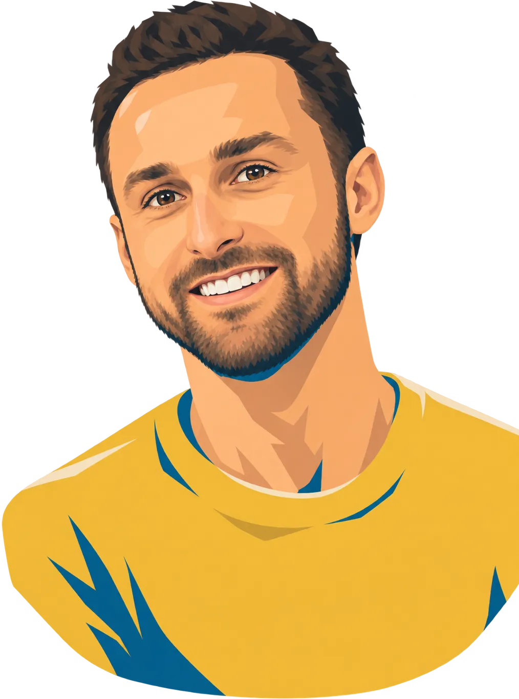 Illustrated portrait of Josh smiling, in a yellow sweater