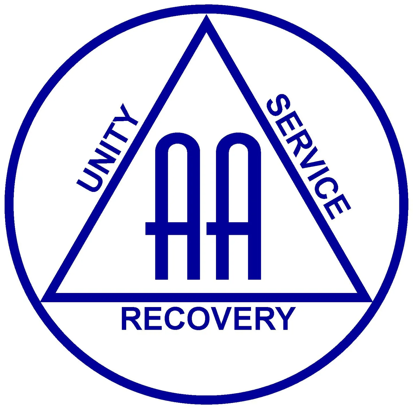 Alcoholics Anonymous logo: a triangle in a circle with the words unity, service and recovery
