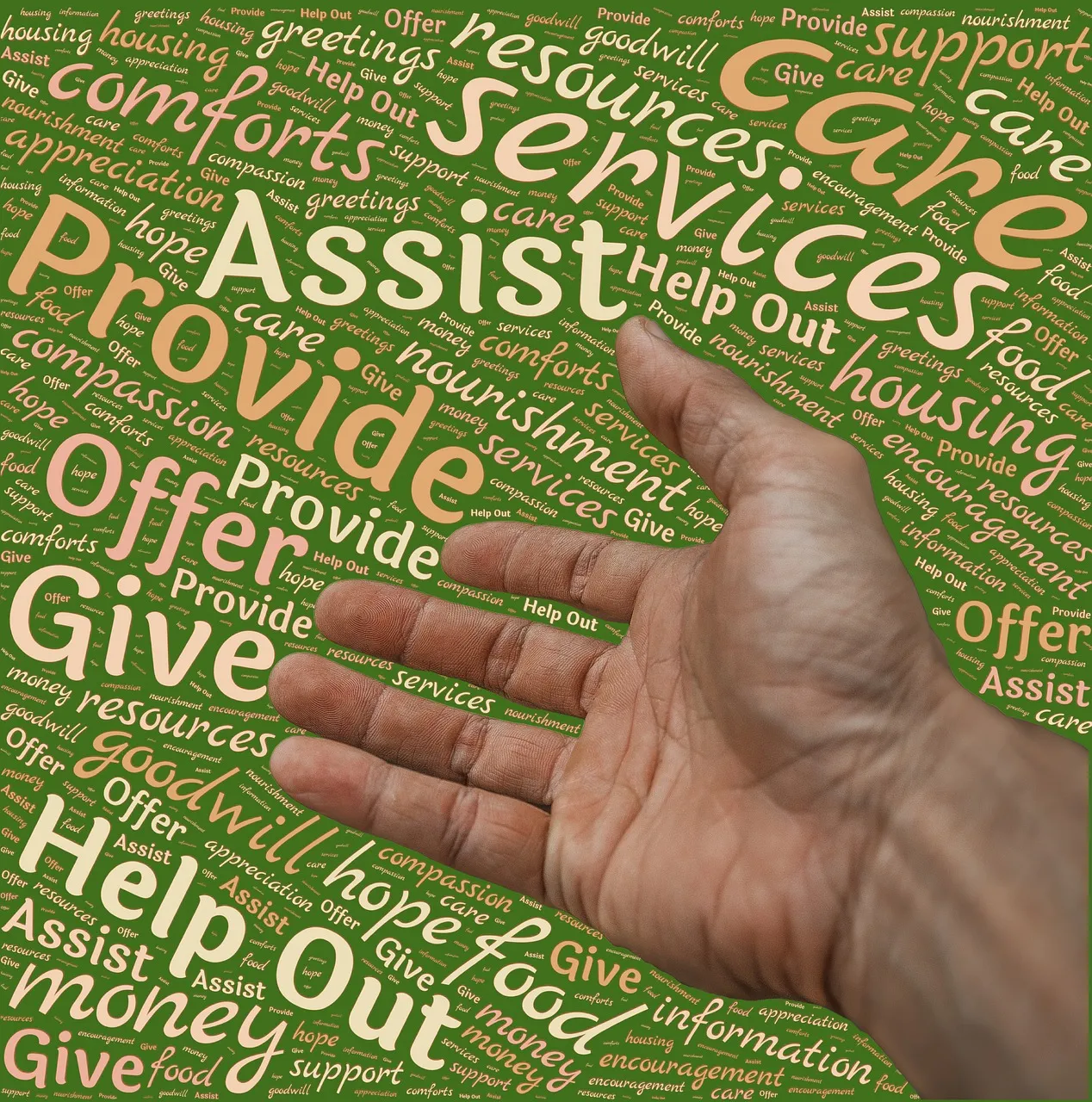 Open hand surrounded by words like help, support, give and care