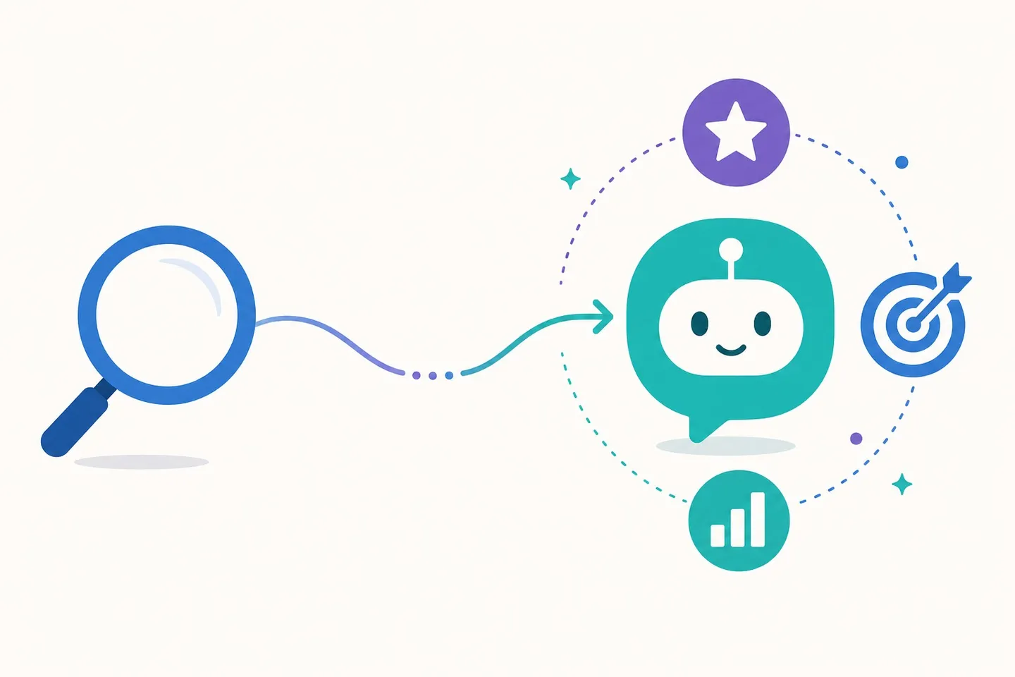 Illustration of a search magnifying glass connecting to an AI assistant