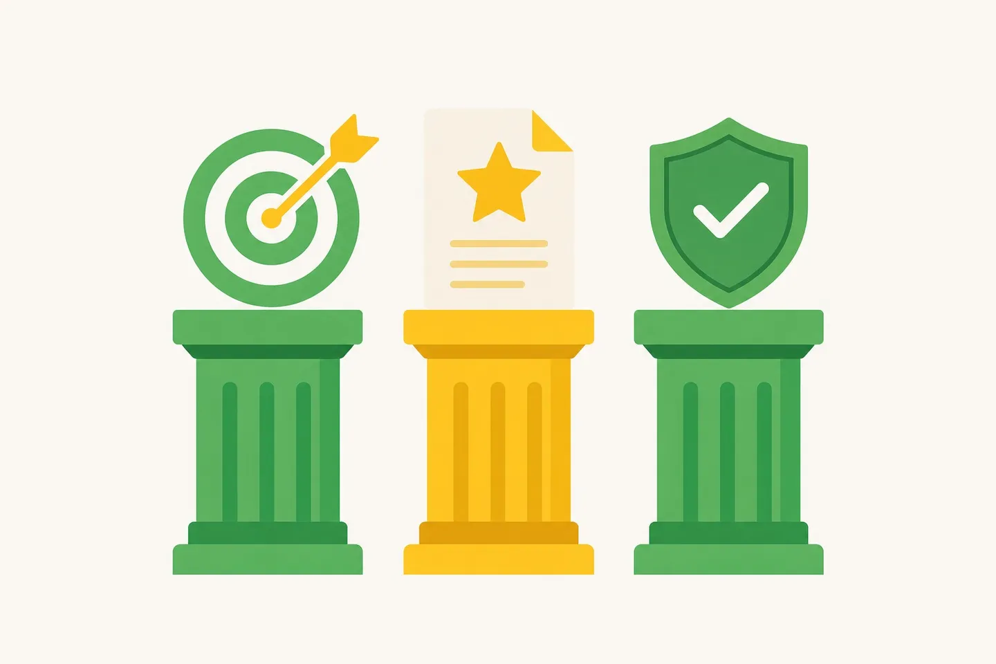 Three pillars with a target, a star document and a shield, representing the basics of AI search