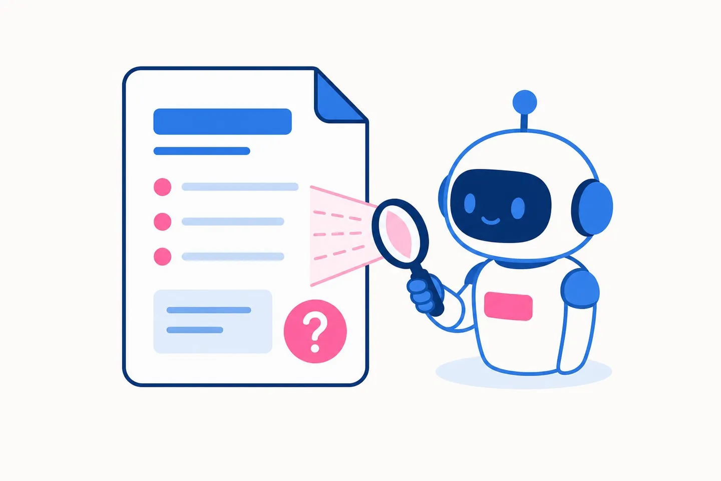 Robot with a magnifying glass reading a document