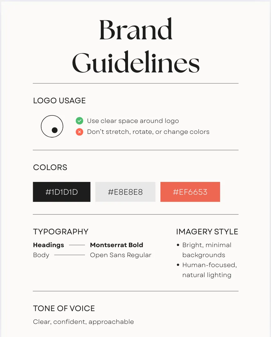 Example brand guidelines page with logo usage, colors, typography and tone of voice