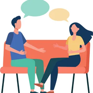 Two people talking on a couch with speech bubbles