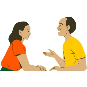 Two people talking across a table