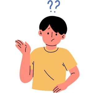 Boy with a questioning look and question marks above his head