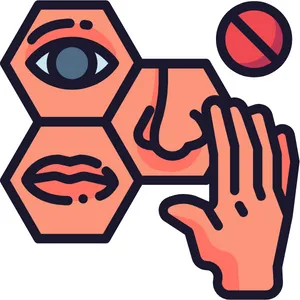 Icons of an eye, nose, mouth and hand, representing the senses