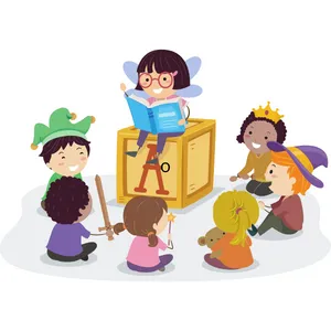 Children gathered around a storyteller reading a book