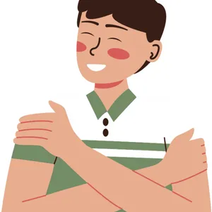 Smiling man hugging himself