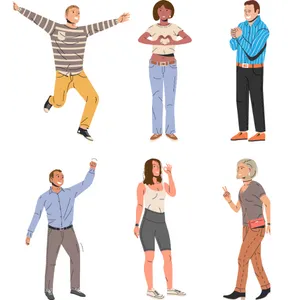Six people showing different body language and postures