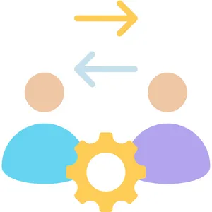 Two people with arrows and a gear between them, representing a conversation exchange