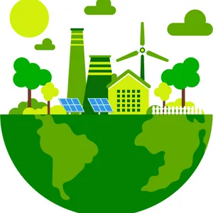 Earth with a green city, trees, solar panels and a wind turbine