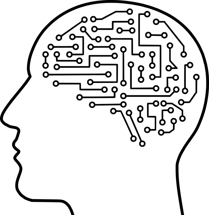 Outline of a head with a circuit-board brain