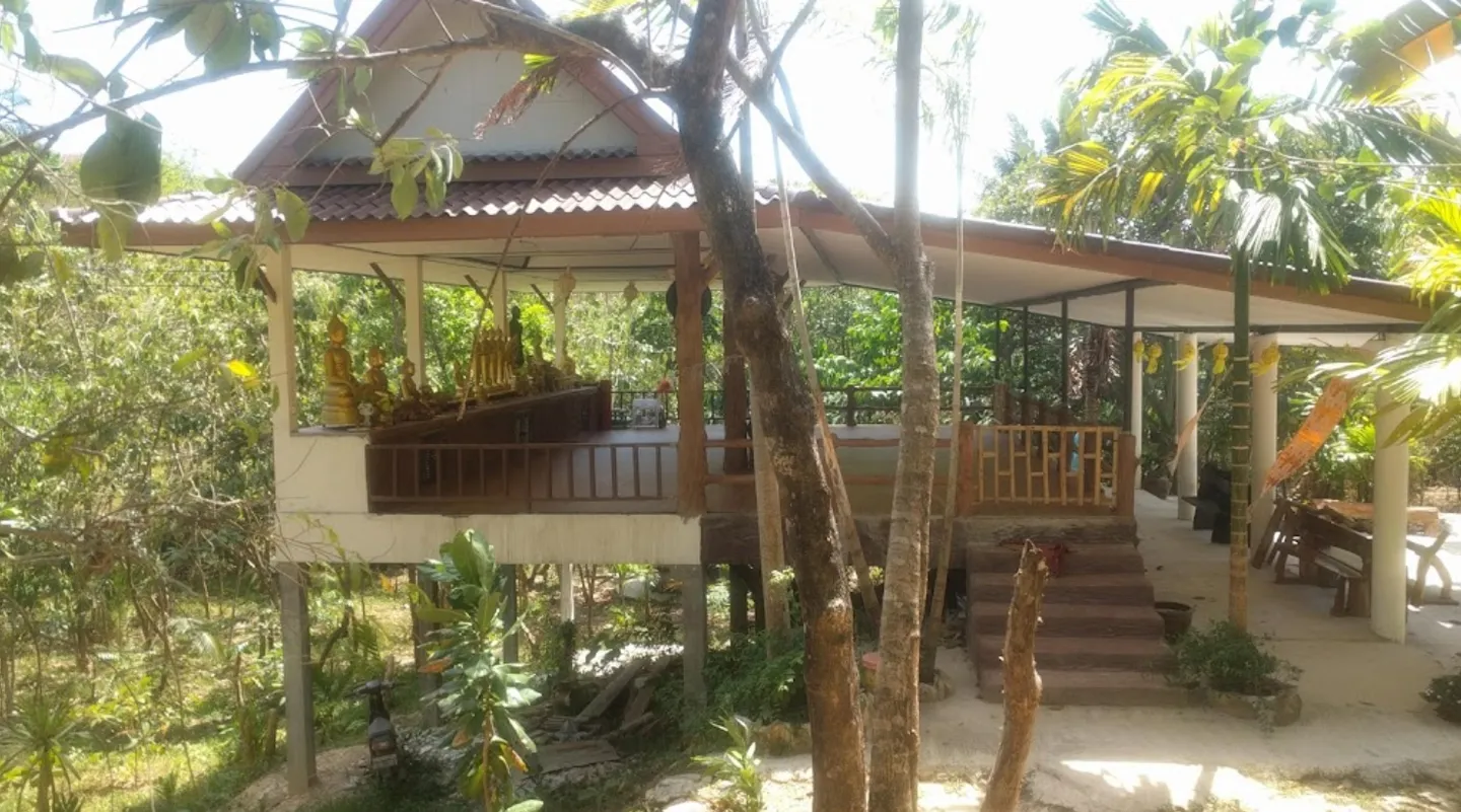 Wooden hut surrounded by trees at the meditation center