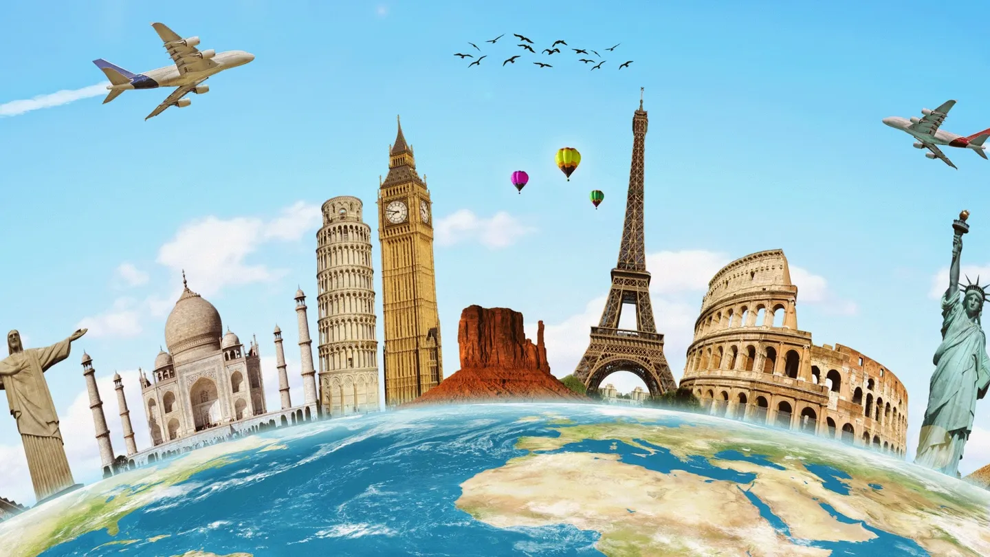 Famous world landmarks on a globe