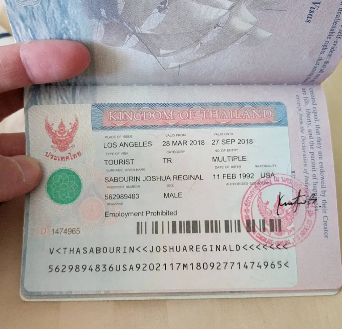 Josh’s Thai visa in his passport