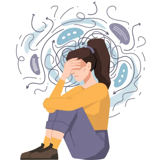 Woman sitting with her head in her hand surrounded by swirling thoughts