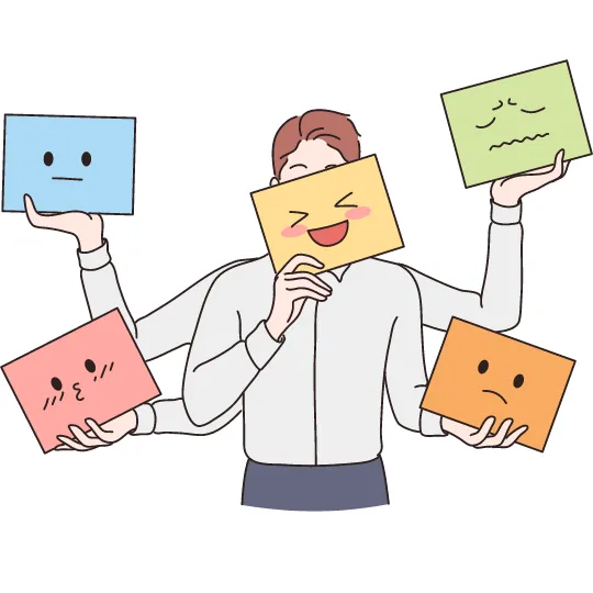 Man holding faces showing different emotions