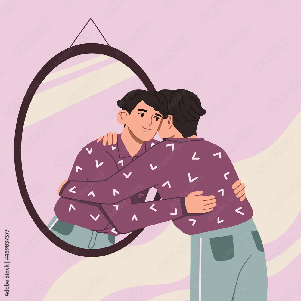 Man hugging his reflection in a mirror