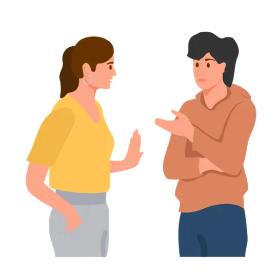 Two people talking, one gesturing openly