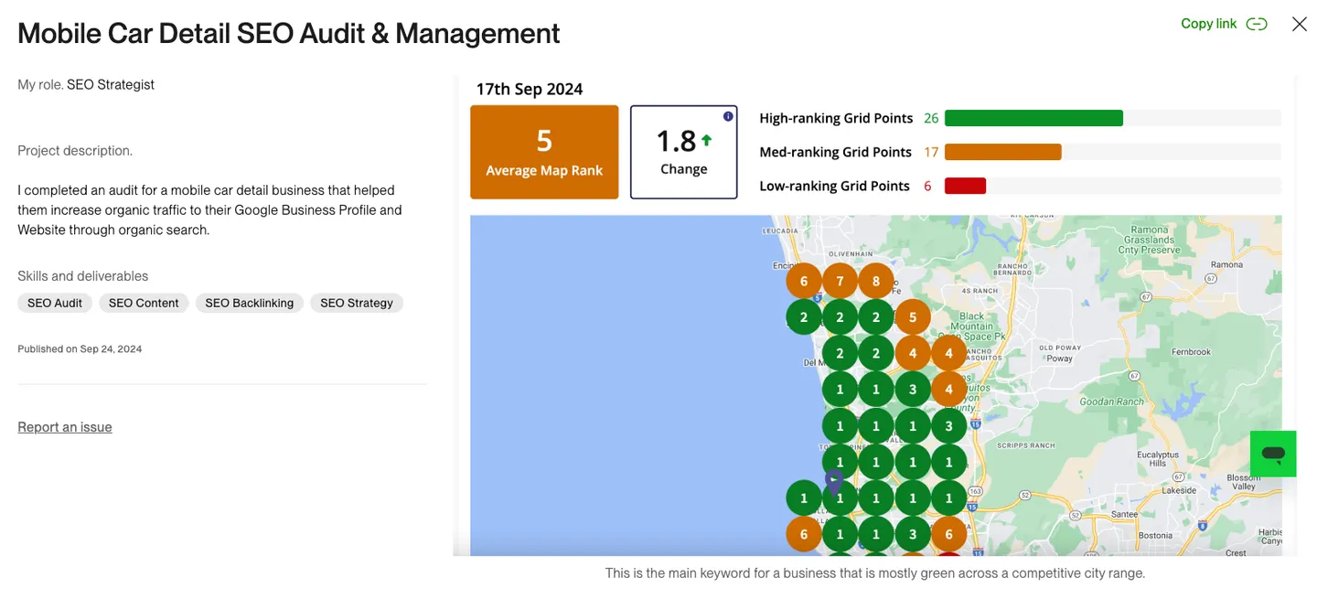 Local SEO map grid showing Google rankings for the car detailing business