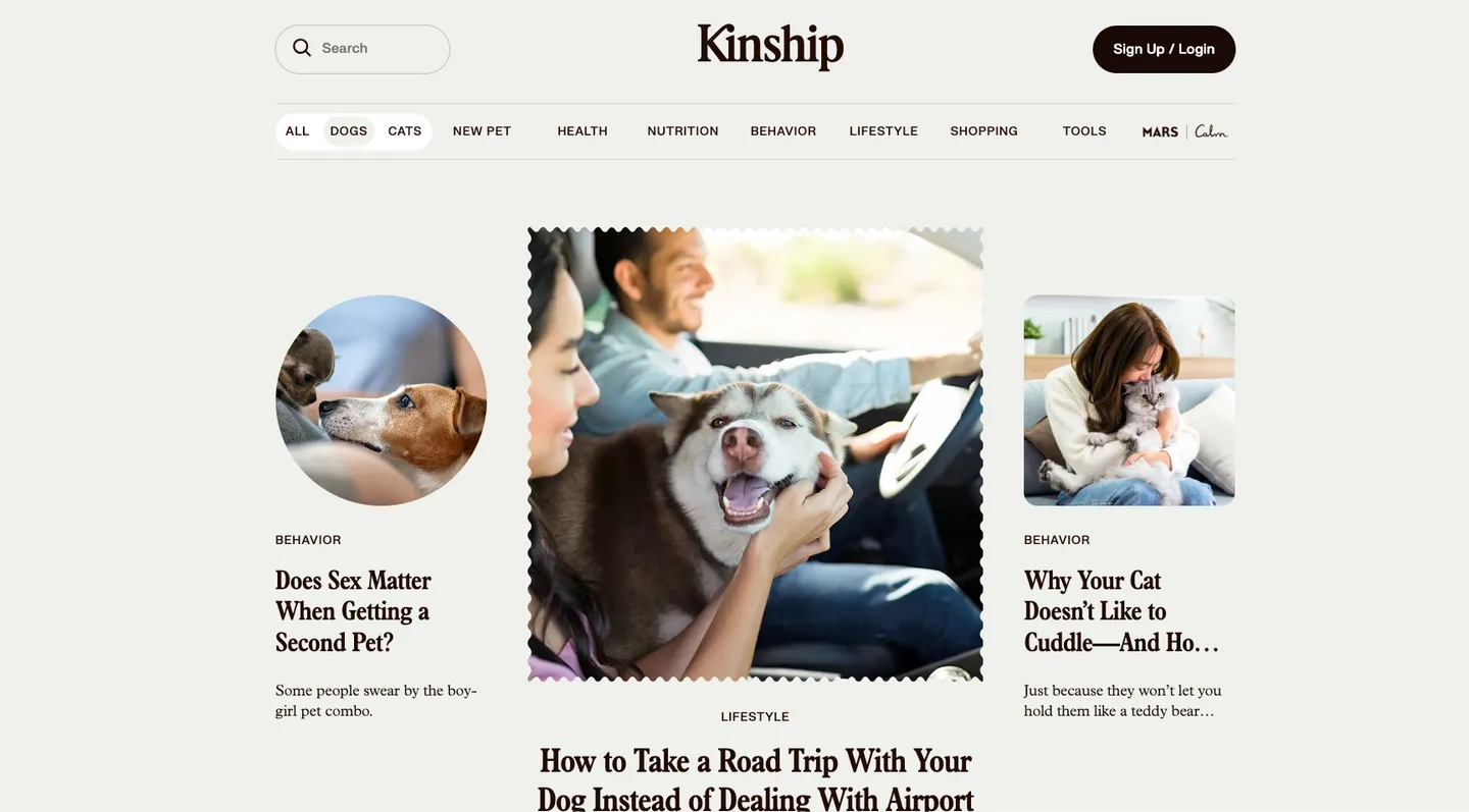 Kinship pet website article page