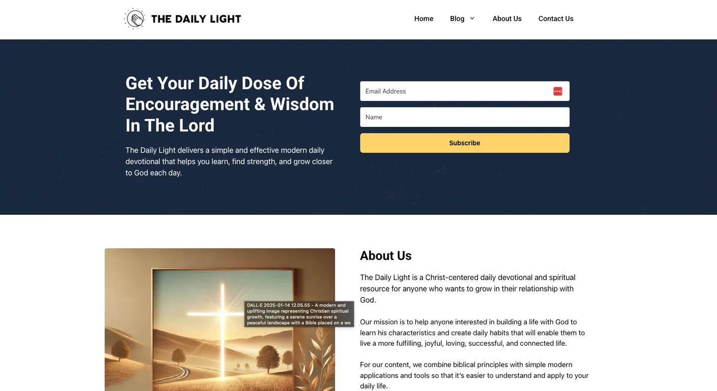 Homepage of The Daily Light newsletter, “Get your daily dose of encouragement and wisdom in the Lord”