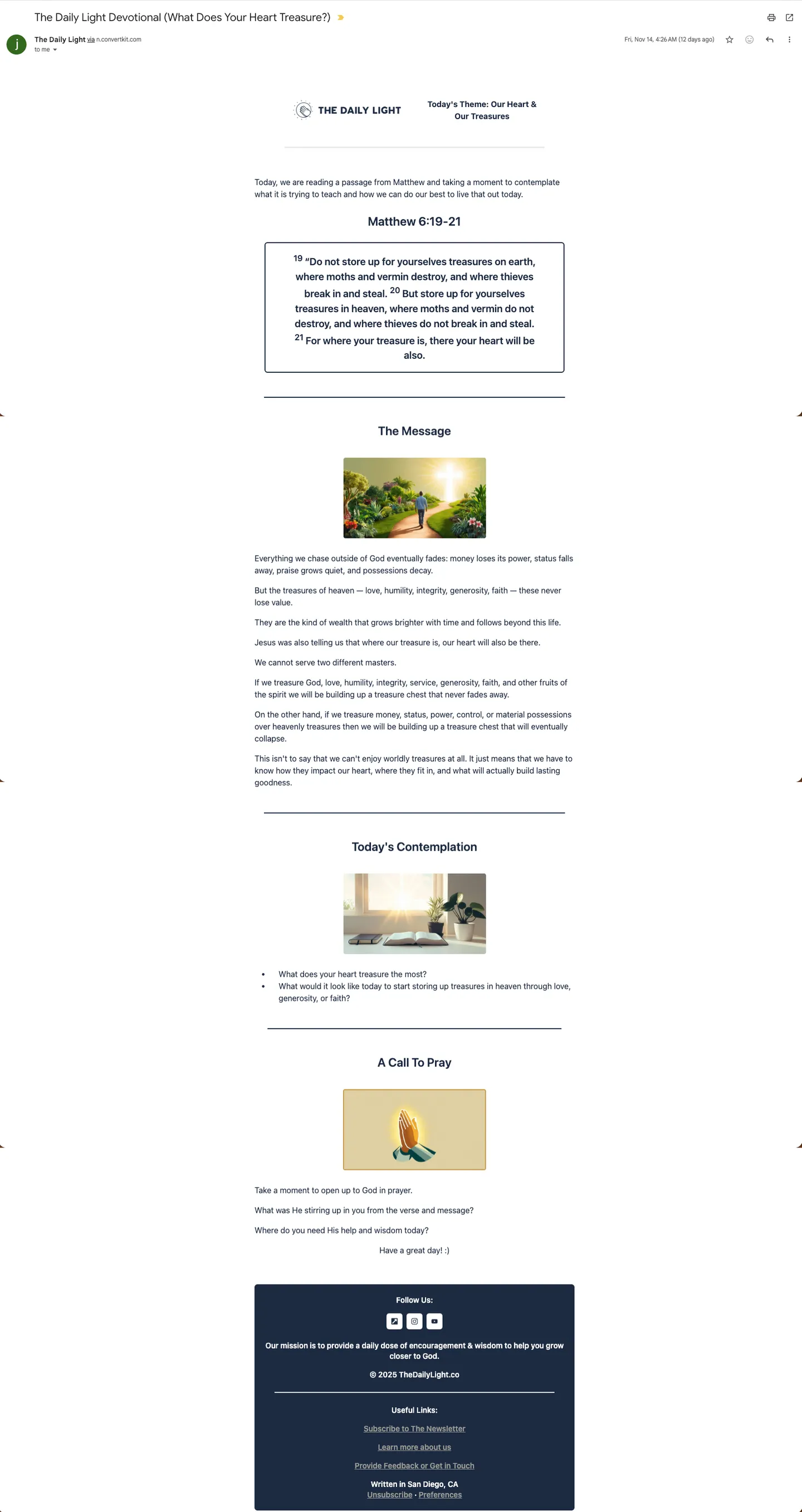 Full-page screenshot of a Daily Light newsletter email