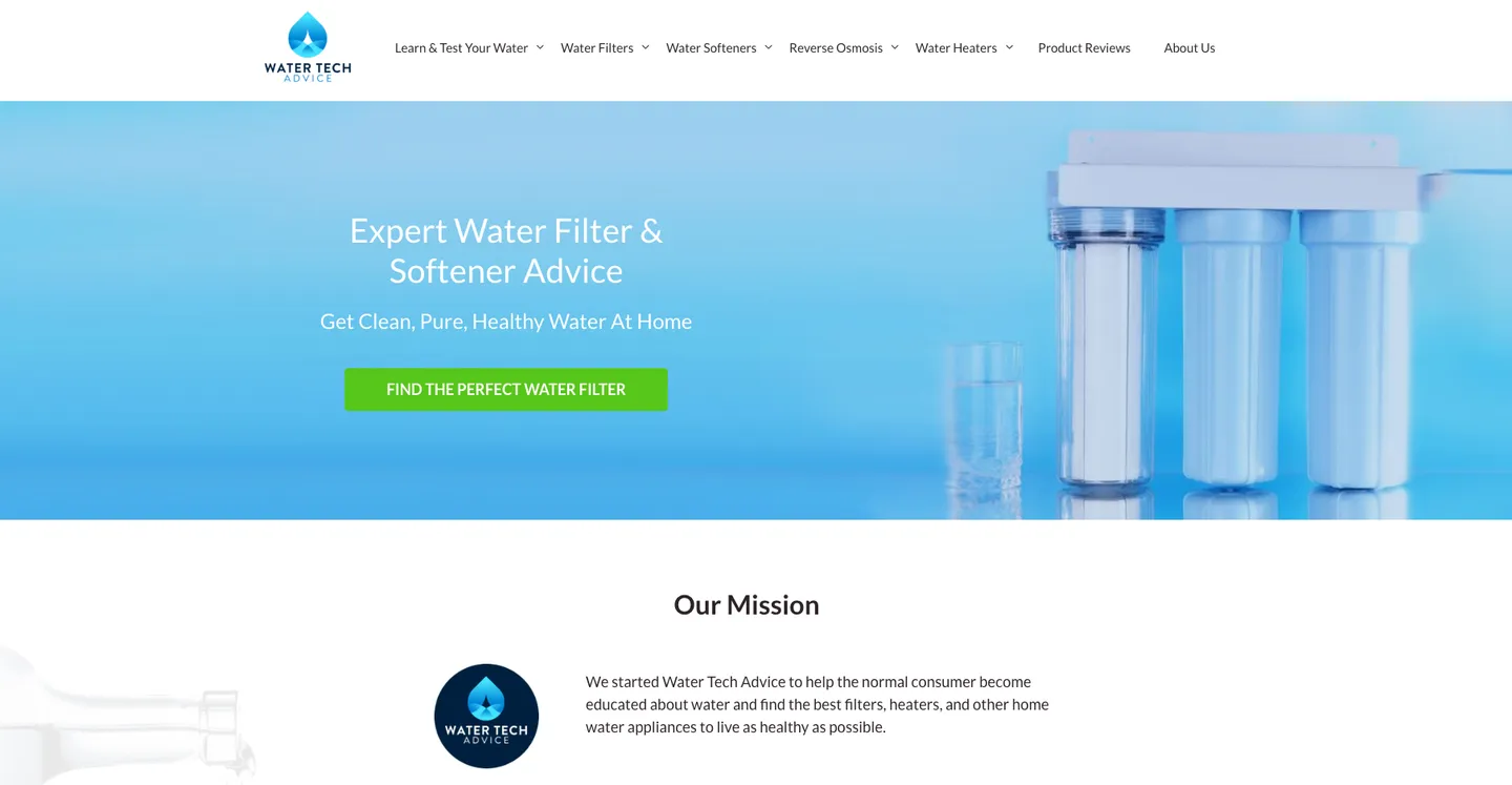 Homepage of the water filter and softener advice website