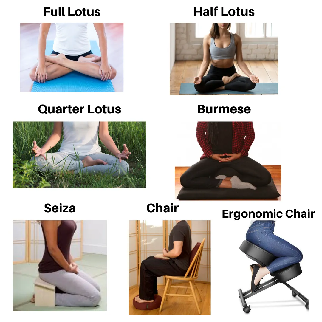 Sitting meditation postures: full lotus, half lotus, quarter lotus, Burmese, seiza, chair and ergonomic chair