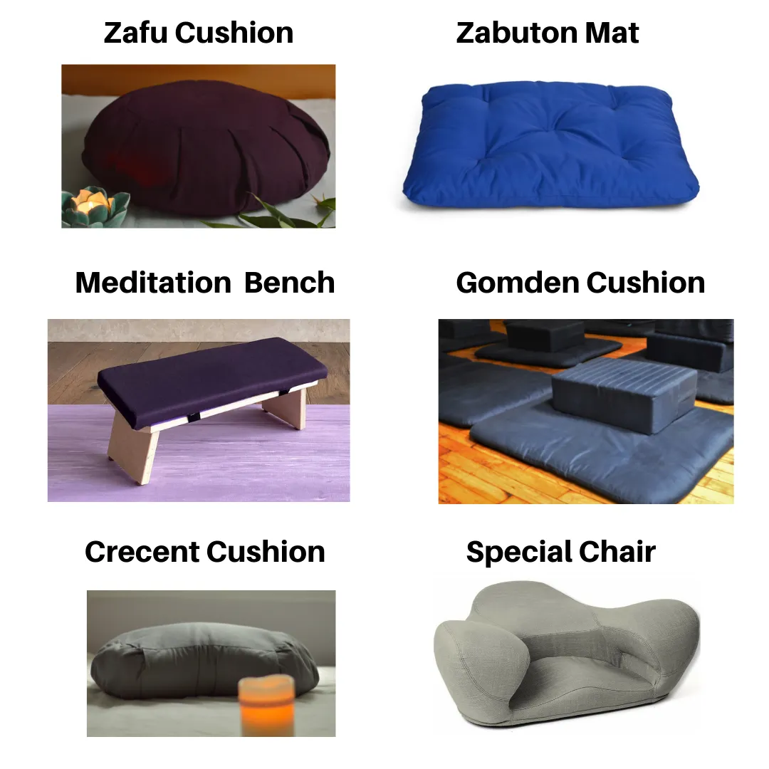Meditation equipment: zafu cushion, zabuton mat, meditation bench, gomden cushion, crescent cushion and special chair