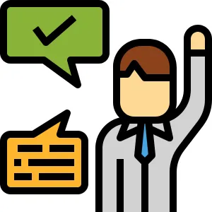 Man raising his hand confidently with speech bubbles