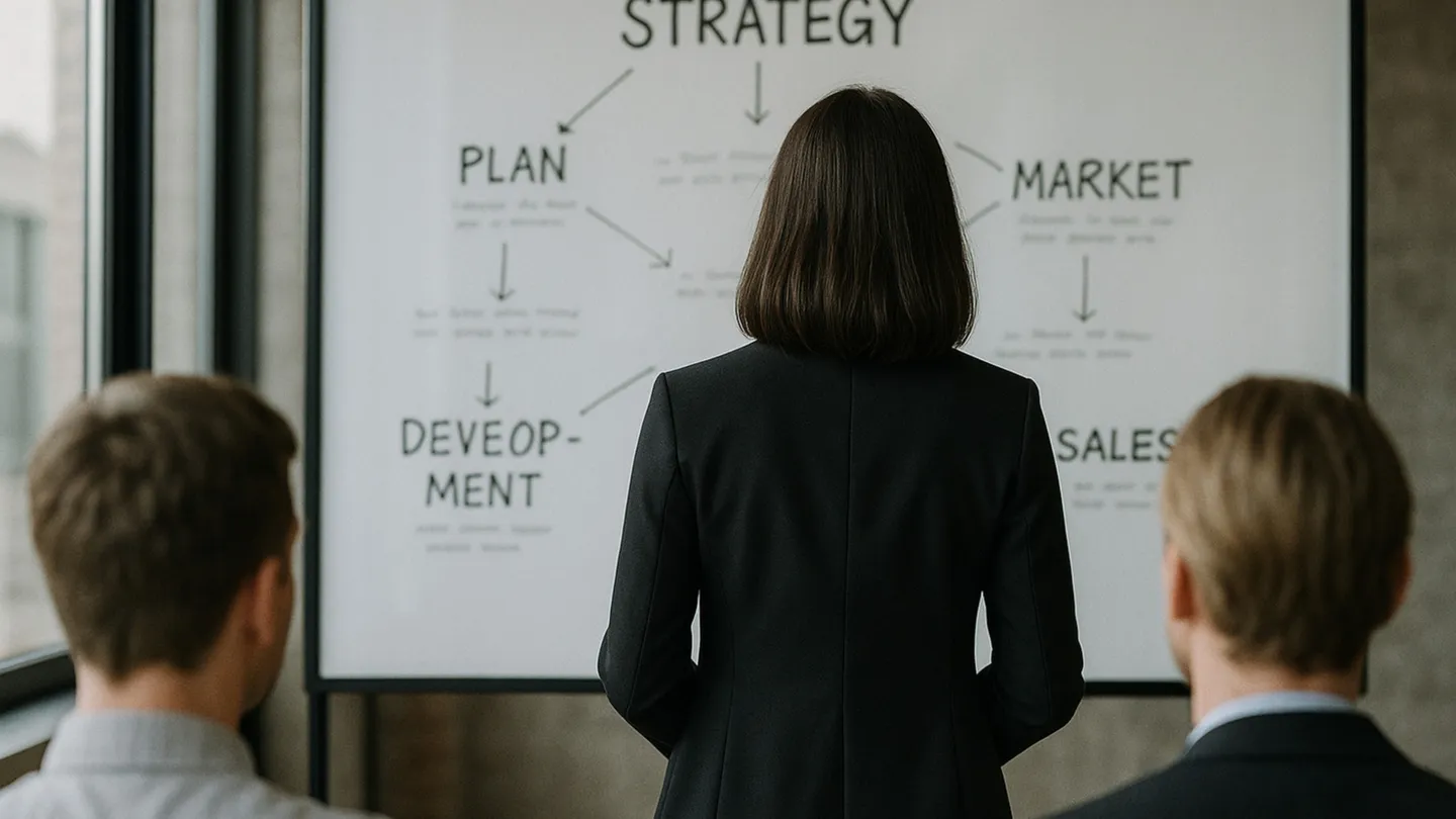 Woman presenting a marketing strategy on a whiteboard