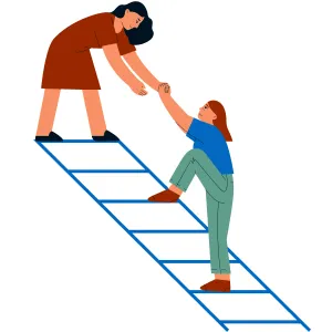 Woman helping another person climb a ladder