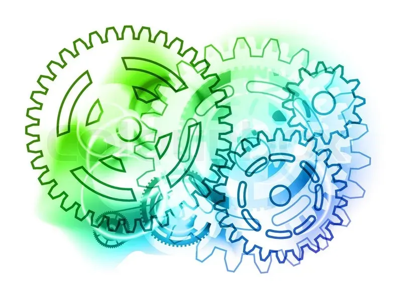 Green and blue gears turning together