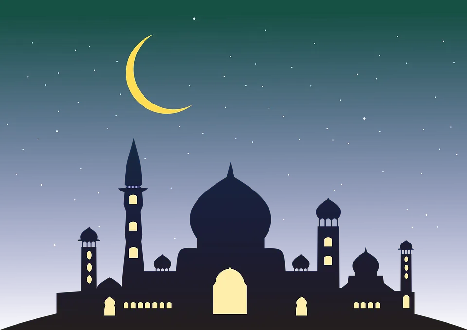 Mosque silhouette under a crescent moon